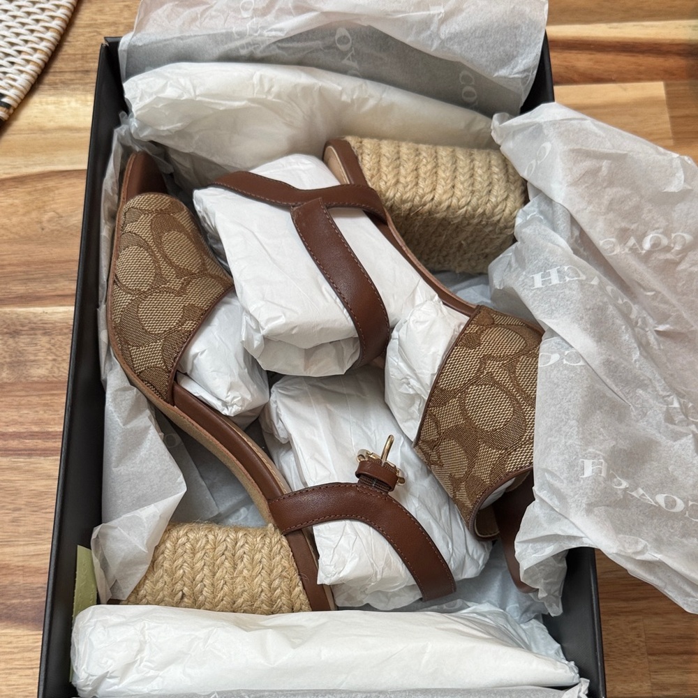 Coach Signature Brown and Tan Wedge Sandals